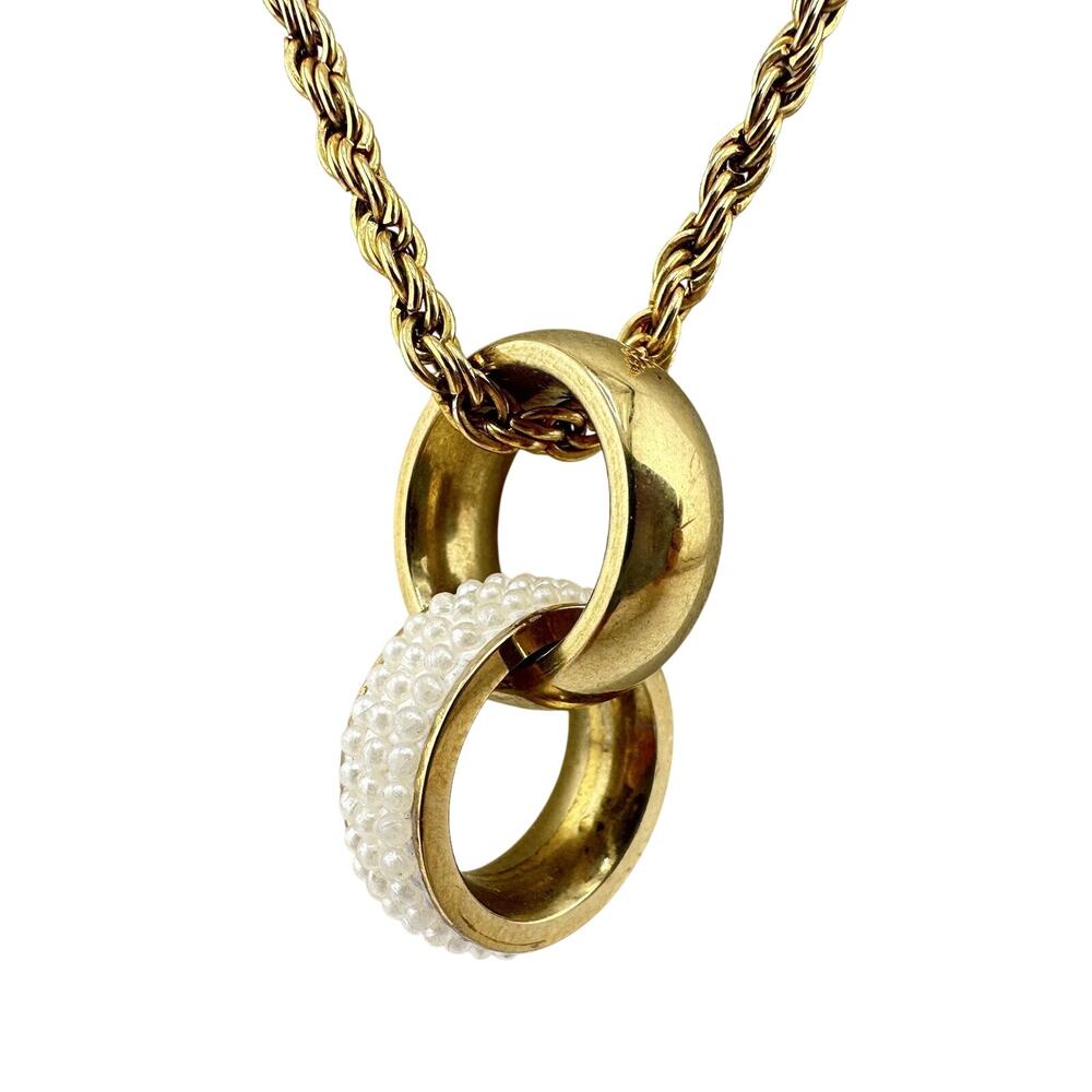 Elegant LVJ Italy Interlocked Rings Faux Pearl Pavé 18” Gold Tone Necklace